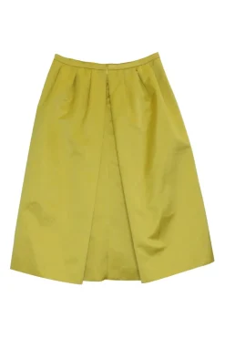 Yellow polyester satin pull-on draped circle skirt with kick pleat back
