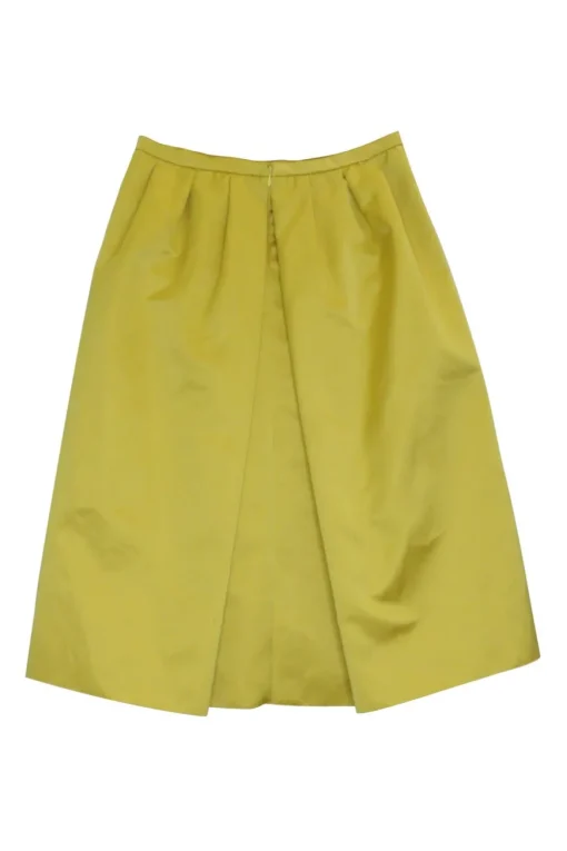 Yellow polyester satin pull-on draped circle skirt with kick pleat back