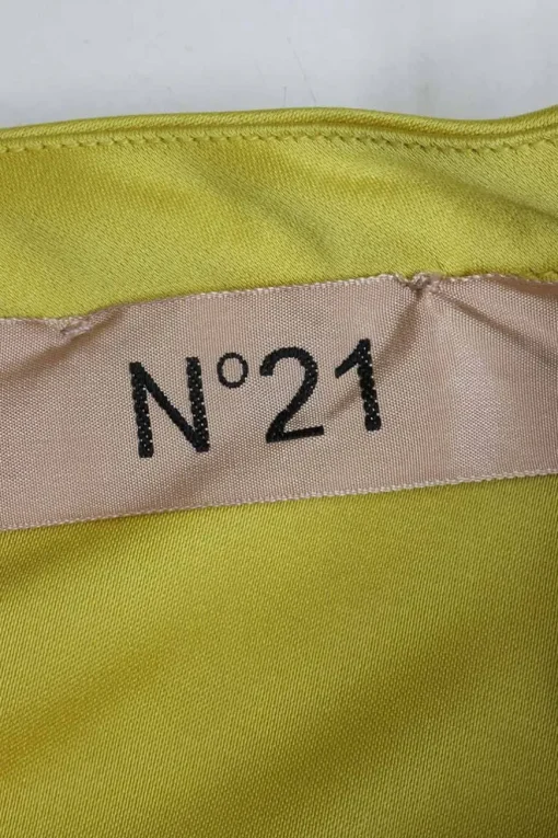 Yellow polyester satin pull-on draped circle skirt with kick pleat back