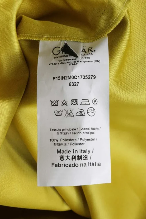 Yellow polyester satin pull-on draped circle skirt with kick pleat back