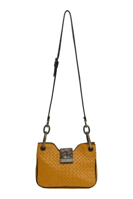 Yellow python skin-trimmed intrecciato nappa leather Roma mini tote bag