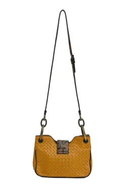Yellow python skin-trimmed intrecciato nappa leather Roma mini tote bag