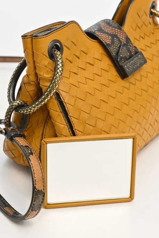 Yellow python skin-trimmed intrecciato nappa leather Roma mini tote bag