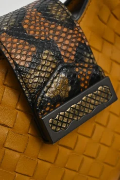 Yellow python skin-trimmed intrecciato nappa leather Roma mini tote bag