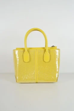 Yellow sequined calfskin limited-edition small D-bag shopper tote with logo-stamped front
