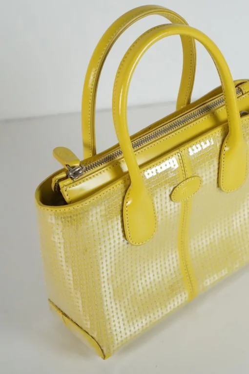 Yellow sequined calfskin limited-edition small D-bag shopper tote with logo-stamped front