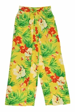 Yellow silk floral print high-rise tie-waist cropped trousers