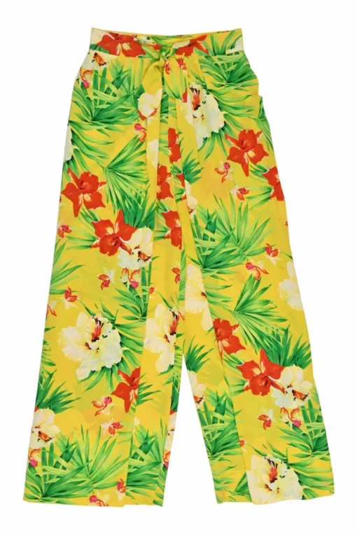 Yellow silk floral print high-rise tie-waist cropped trousers
