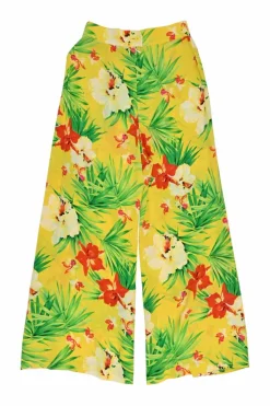 Yellow silk floral print high-rise tie-waist cropped trousers