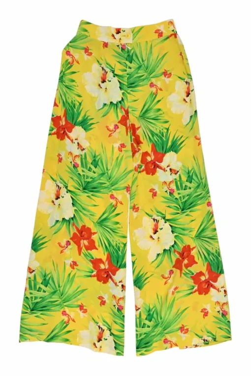 Yellow silk floral print high-rise tie-waist cropped trousers