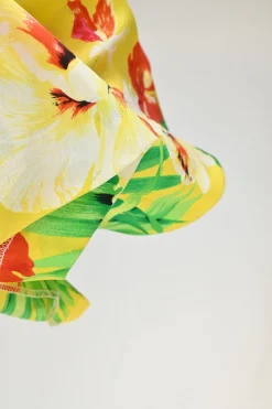 Yellow silk floral print high-rise tie-waist cropped trousers