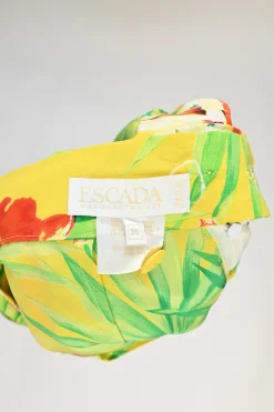 Yellow silk floral print high-rise tie-waist cropped trousers