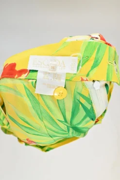 Yellow silk floral print high-rise tie-waist cropped trousers