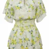 Yellow smocked Drifting By floral eyelet cotton Tabitha tie-neck keyhole-front cap sleeve top &amp; Bethie tiered mini skirt two-piece set