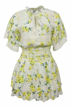 Yellow smocked Drifting By floral eyelet cotton Tabitha tie-neck keyhole-front cap sleeve top &amp; Bethie tiered mini skirt two-piece set