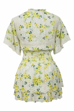 Yellow smocked Drifting By floral eyelet cotton Tabitha tie-neck keyhole-front cap sleeve top &amp; Bethie tiered mini skirt two-piece set