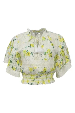 Yellow smocked Drifting By floral eyelet cotton Tabitha tie-neck keyhole-front cap sleeve top &amp; Bethie tiered mini skirt two-piece set