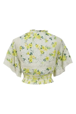 Yellow smocked Drifting By floral eyelet cotton Tabitha tie-neck keyhole-front cap sleeve top &amp; Bethie tiered mini skirt two-piece set