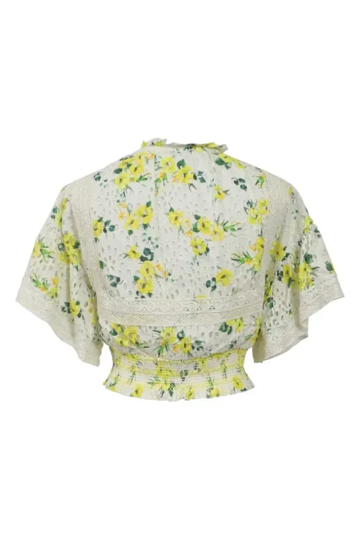 Yellow smocked Drifting By floral eyelet cotton Tabitha tie-neck keyhole-front cap sleeve top &amp; Bethie tiered mini skirt two-piece set