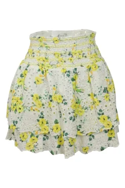 Yellow smocked Drifting By floral eyelet cotton Tabitha tie-neck keyhole-front cap sleeve top &amp; Bethie tiered mini skirt two-piece set