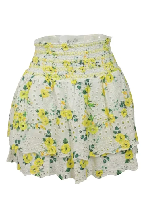 Yellow smocked Drifting By floral eyelet cotton Tabitha tie-neck keyhole-front cap sleeve top &amp; Bethie tiered mini skirt two-piece set