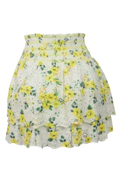 Yellow smocked Drifting By floral eyelet cotton Tabitha tie-neck keyhole-front cap sleeve top &amp; Bethie tiered mini skirt two-piece set
