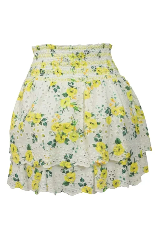 Yellow smocked Drifting By floral eyelet cotton Tabitha tie-neck keyhole-front cap sleeve top &amp; Bethie tiered mini skirt two-piece set