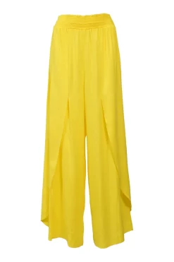 Yellow viscose split leg wide-leg trousers with elasticated waistband