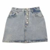 Acid-wash indigo cotton denim pull-on mini skirt with exposed crystal shank button placket