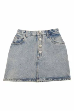 Acid-wash indigo cotton denim pull-on mini skirt with exposed crystal shank button placket