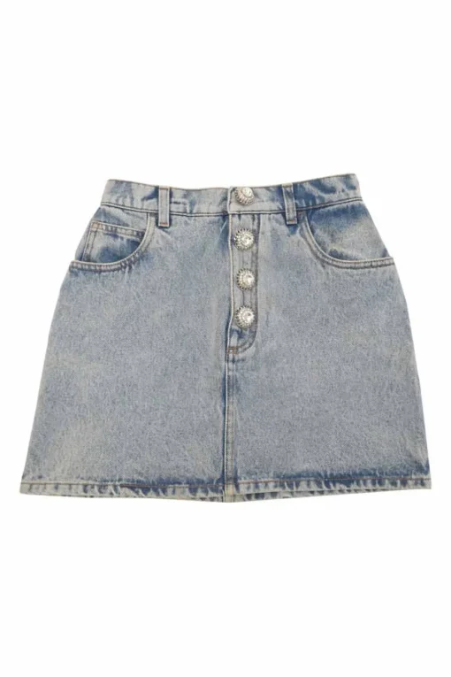 Acid-wash indigo cotton denim pull-on mini skirt with exposed crystal shank button placket