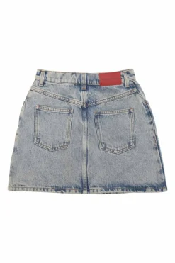 Acid-wash indigo cotton denim pull-on mini skirt with exposed crystal shank button placket