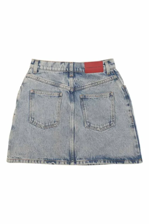 Acid-wash indigo cotton denim pull-on mini skirt with exposed crystal shank button placket