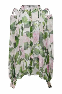 All-over hydrangea print silk chiffon round neck cold-shoulder blouse with ties