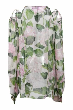 All-over hydrangea print silk chiffon round neck cold-shoulder blouse with ties