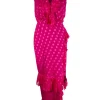 Anita pink polka dot, silk wrap dress with v neck, short sleeves and ruffle accents