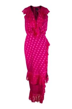 Anita pink polka dot, silk wrap dress with v neck, short sleeves and ruffle accents