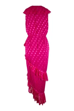 Anita pink polka dot, silk wrap dress with v neck, short sleeves and ruffle accents