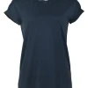 Anthracite blue cotton jersey crewneck pullover cap sleeve T-shirt with strass-embellished neckline