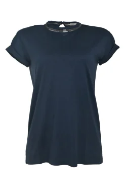 Anthracite blue cotton jersey crewneck pullover cap sleeve T-shirt with strass-embellished neckline