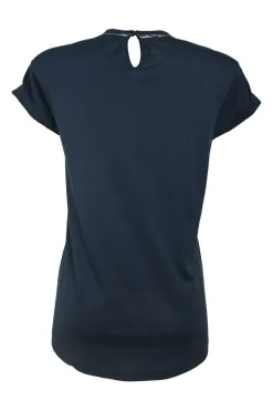 Anthracite blue cotton jersey crewneck pullover cap sleeve T-shirt with strass-embellished neckline