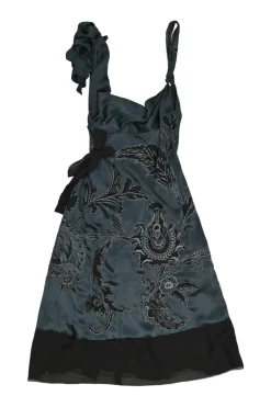 Anthracite blue embellished silk cowl sun dress featuring floral broderie motif and ribbon tie strap
