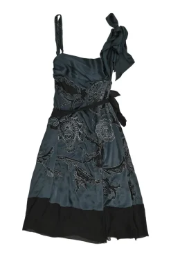 Anthracite blue embellished silk cowl sun dress featuring floral broderie motif and ribbon tie strap
