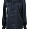 Anthracite blue satin polyester-blend tie-front plunge neck pullover blouse with smocked cuffs