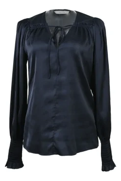 Anthracite blue satin polyester-blend tie-front plunge neck pullover blouse with smocked cuffs