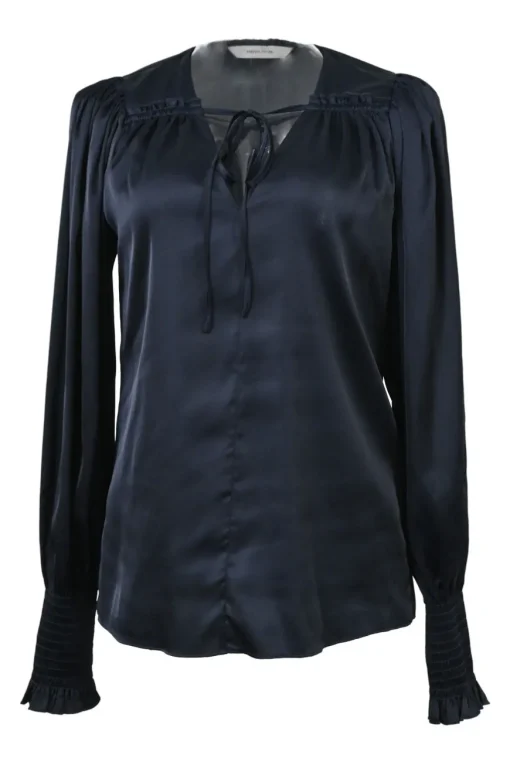 Anthracite blue satin polyester-blend tie-front plunge neck pullover blouse with smocked cuffs