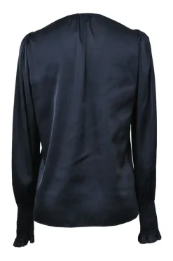 Anthracite blue satin polyester-blend tie-front plunge neck pullover blouse with smocked cuffs