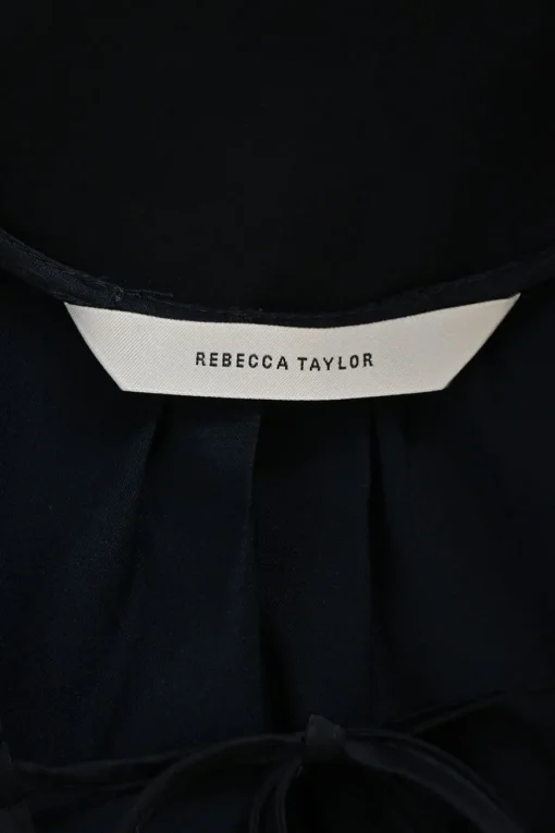 Anthracite blue satin polyester-blend tie-front plunge neck pullover blouse with smocked cuffs