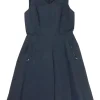 Anthracite blue silk-polyester-blend A-line sleeveless cocktail dress with slanted zip pockets at hip