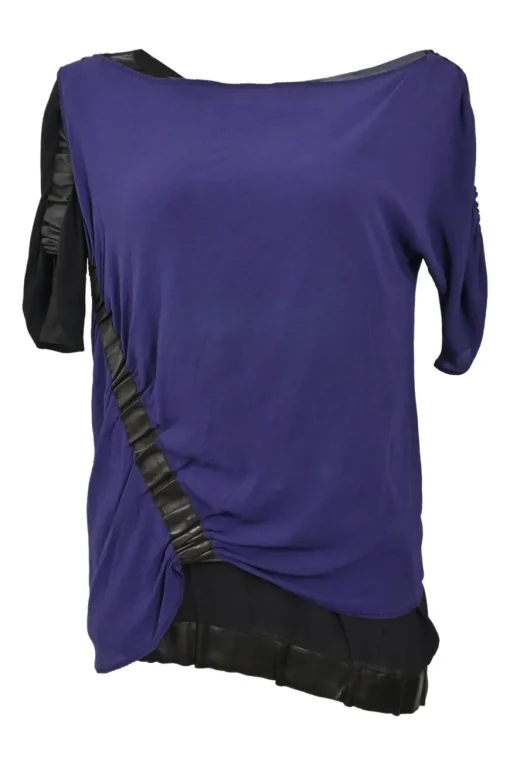 Anthracite draped silk-blend bateau neck blouse with ruched sleeve